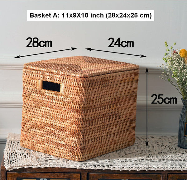Wicker Rattan Storage Basket for Shelves, Storage Baskets for Bedroom, Rectangular Storage Basket with Lid, Pantry Storage Baskets-LargePaintingArt.com
