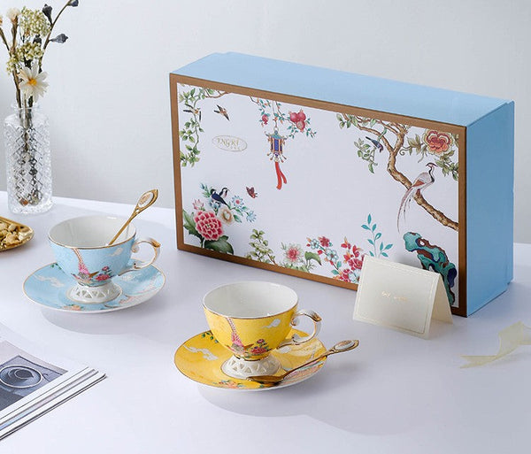 Elegant Oriental Pheasant Ceramic Cups, Beautiful Bird Pattern Tea Cups, Creative Bone China Porcelain Tea Cup Set, Unique Tea Cups and Saucers in Gift Box-LargePaintingArt.com