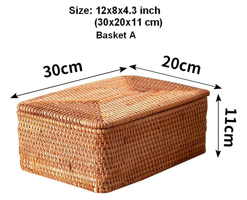Woven Rattan Baskets, Rectangular Basket with Lid, Rectangular Storage Baskets, Storage Basket for Bedroom, Kitchen Storage Baskets-LargePaintingArt.com