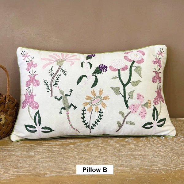 Embroider Flower Cotton Pillow Covers, Spring Flower Decorative Throw Pillows, Farmhouse Sofa Decorative Pillows, Flower Decorative Throw Pillows for Couch-LargePaintingArt.com