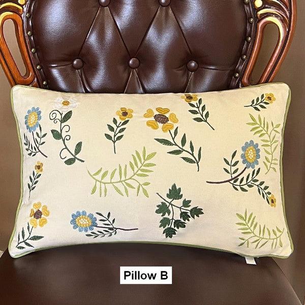 Farmhouse Decorative Throw Pillows, Spring Flower Sofa Decorative Pillows, Embroider Flower Cotton Pillow Covers, Flower Decorative Throw Pillows for Couch-LargePaintingArt.com