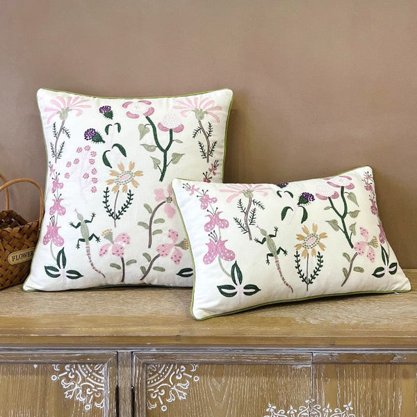 Embroider Flower Cotton Pillow Covers, Spring Flower Decorative Throw Pillows, Farmhouse Sofa Decorative Pillows, Flower Decorative Throw Pillows for Couch-LargePaintingArt.com