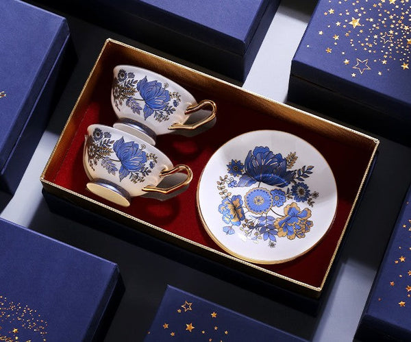 Unique Iris Flower Tea Cups and Saucers in Gift Box, Elegant Ceramic Coffee Cups, Afternoon British Tea Cups, Royal Bone China Porcelain Tea Cup Set-LargePaintingArt.com