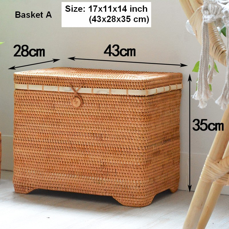 Large Rectangular Storage Basket with Lid, Rattan Storage Case, Storage Baskets for Bedroom, Rectangular Woven Storage Baskets for Clothes-LargePaintingArt.com