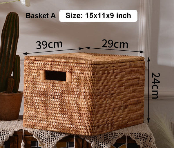 Rattan Rectangular Storage Basket with Lid, Extra Large Storage Baskets for Clothes, Storage Baskets for Bedroom, Woven Storage Baskets for Living Room-LargePaintingArt.com