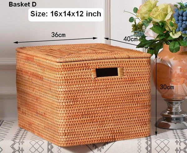Wicker Rattan Storage Basket for Shelves, Storage Baskets for Bedroom, Rectangular Storage Basket with Lid, Pantry Storage Baskets-LargePaintingArt.com