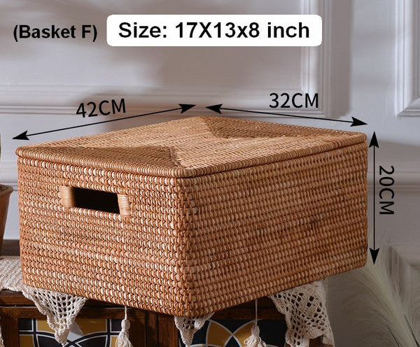 Woven Rectangular Storage Baskets, Rattan Storage Basket with Lid, Storage Baskets for Clothes, Extra Large Storage Baskets for Shelves-LargePaintingArt.com