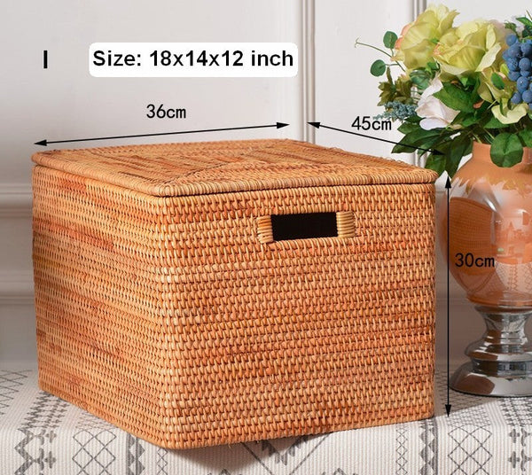 Kitchen Storage Baskets, Rectangular Storage Basket with Lid, Rattan Storage Baskets for Clothes, Storage Baskets for Living Room-LargePaintingArt.com