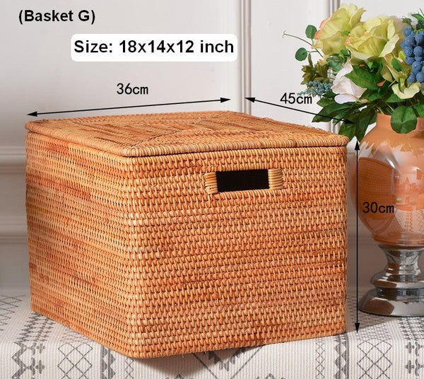 Laundry Storage Baskets for Bathroom, Rectangular Storage Baskets for Clothes, Wicker Storage Baskets for Shelves, Rattan Storage Baskets for Kitchen, Storage Basket with Lid-LargePaintingArt.com