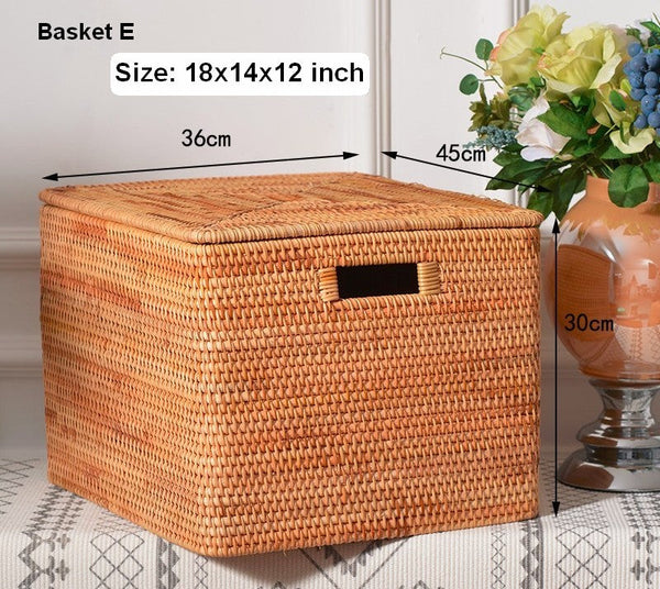 Rattan Storage Basket for Shelves, Rectangular Storage Basket with Lid, Extra Large Storage Baskets for Bedroom, Storage Baskets for Clothes-LargePaintingArt.com