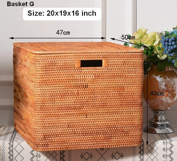 Rectangular Storage Basket with Lid, Woven Rattan Storage Basket for Shelves, Storage Baskets for Bedroom, Pantry Storage Baskets-LargePaintingArt.com