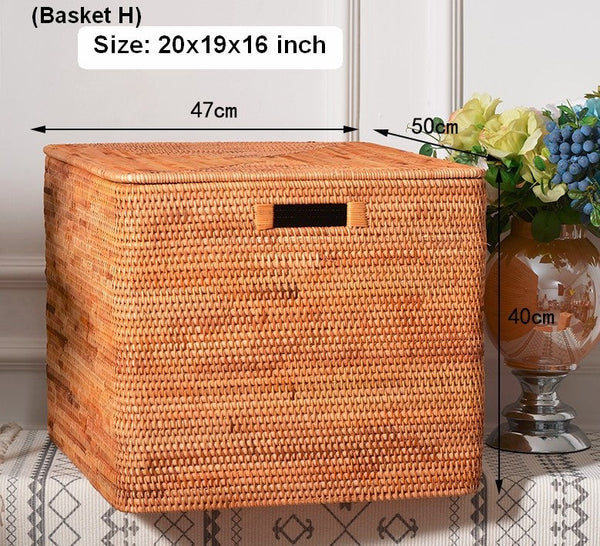 Rectangular Storage Basket with Lid, Rattan Storage Baskets for Shelves, Kitchen Storage Baskets, Storage Baskets for Clothes, Laundry Woven Baskets-LargePaintingArt.com
