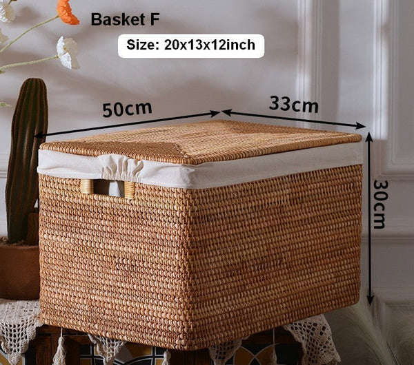 Rattan Rectangular Storage Basket with Lid, Extra Large Storage Baskets for Clothes, Storage Baskets for Bedroom, Woven Storage Baskets for Living Room-LargePaintingArt.com