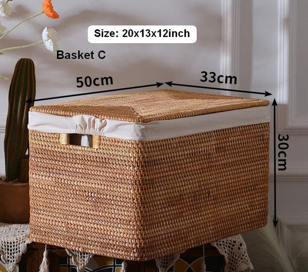 Large Rectangular Storage Basket with Lid, Rattan Storage Case, Storage Baskets for Bedroom, Rectangular Woven Storage Baskets for Clothes-LargePaintingArt.com