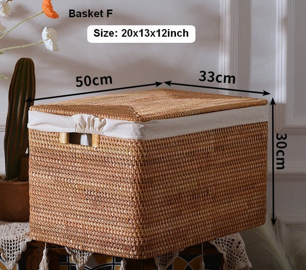 Rectangular Storage Basket with Lid, Rattan Storage Basket for Shelves, Extra Large Storage Baskets for Bedroom, Storage Baskets for Clothes-LargePaintingArt.com