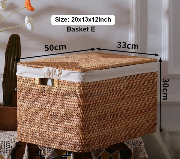 Rectangular Storage Basket with Lid, Rattan Basket, Storage Basket for Shelves, Storage Baskets for Bathroom, Bedroom Storage Baskets-LargePaintingArt.com