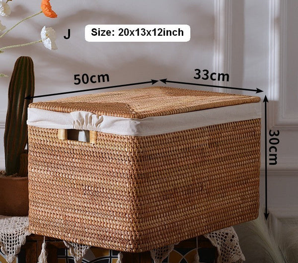 Extra Large Rattan Storage Baskets for Clothes, Rectangular Storage Basket with Lid, Kitchen Storage Baskets, Oversized Storage Baskets for Bedroom-LargePaintingArt.com