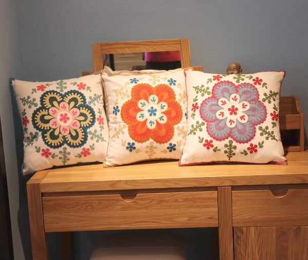 Flower Decorative Pillows for Couch, Sofa Decorative Pillows, Embroider Flower Cotton Pillow Covers, Farmhouse Decorative Throw Pillows-LargePaintingArt.com