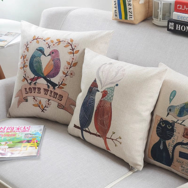 Decorative Sofa Pillows for Children's Room, Love Birds Throw Pillows for Couch, Singing Birds Decorative Throw Pillows, Embroider Decorative Pillow Covers-LargePaintingArt.com