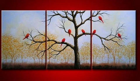 Landscape Painting, Bird Art Painting, 3 Piece Canvas Painting, Wall Art, Large Painting, Living Room Wall Art, Modern Art, Tree of Life Painting-LargePaintingArt.com