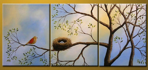 Bird Art, Canvas Painting, Modern Art, 3 Piece Wall Art, Abstract Painting, Tree of Life Painting-LargePaintingArt.com