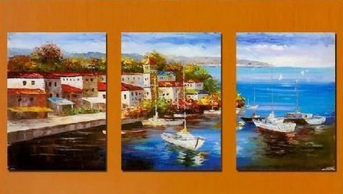 Mediterranean Sea, Boat Painting, Canvas Painting, Wall Art, Landscape Painting, Modern Art, 3 Piece Wall Art, Abstract Painting, Wall Hanging-LargePaintingArt.com