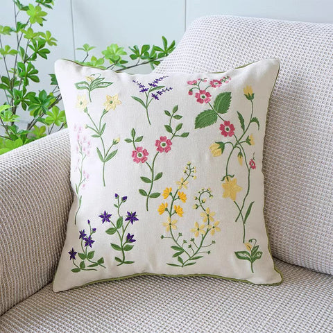 Farmhouse Sofa Decorative Pillows, Embroider Flower Cotton Pillow Covers, Spring Flower Decorative Throw Pillows, Flower Decorative Throw Pillows for Couch-LargePaintingArt.com
