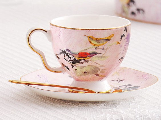 Unique Bird Flower Tea Cups and Saucers in Gift Box as Birthday Gift, Elegant Ceramic Coffee Cups, Afternoon British Tea Cups, Royal Bone China Porcelain Tea Cup Set-LargePaintingArt.com