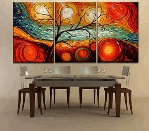 Acrylic Canvas Painting, 3 Piece Canvas Painting, Modern Paintings for Dining Room, Tree of Life Painting, Colorful Tree Painting-LargePaintingArt.com