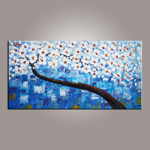 Canvas Art, Blue Flower Tree Painting, Abstract Painting, Painting on Sale, Dining Room Wall Art, Art on Canvas, Modern Art, Contemporary Art-LargePaintingArt.com