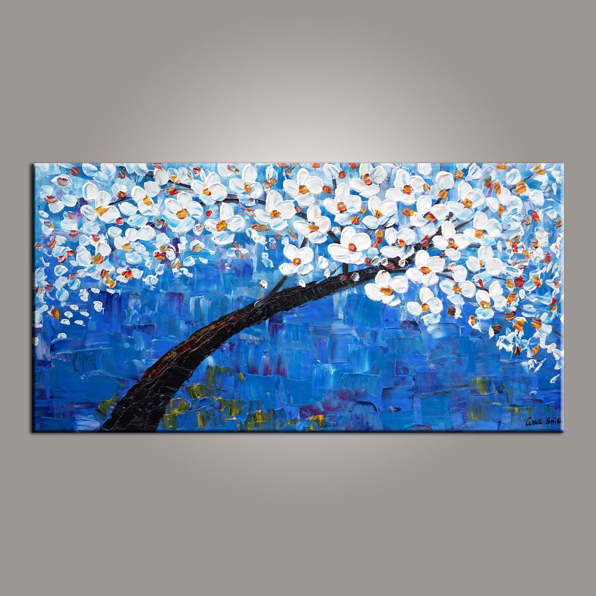 Blue Flower Tree Painting, Canvas Art, Abstract Painting, Painting on Sale, Dining Room Wall Art, Art on Canvas, Modern Art, Contemporary Art-LargePaintingArt.com