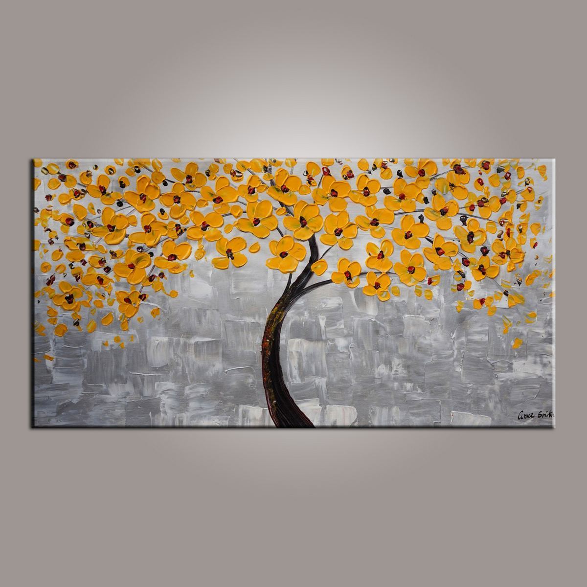 Painting on Sale, Yellow Flower Tree Painting, Tree of Life Abstract Painting, Art on Canvas-LargePaintingArt.com