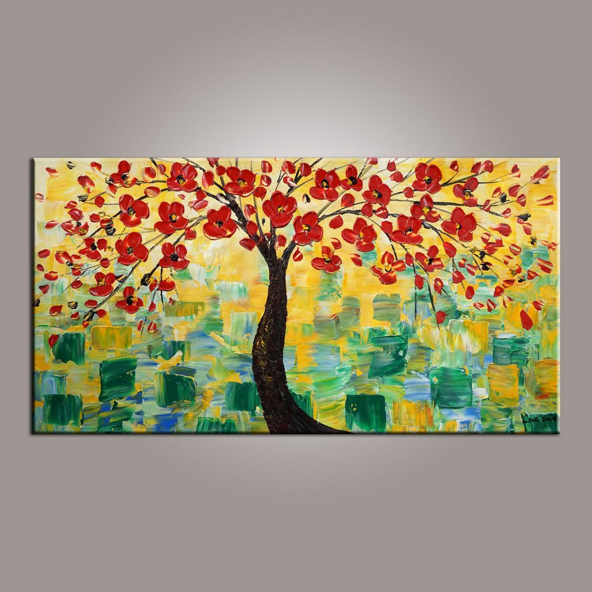 Red Flower Tree Painting, Canvas Art, Abstract Painting, Painting on Sale, Dining Room Wall Art, Art on Sale, Modern Art, Contemporary Art-LargePaintingArt.com