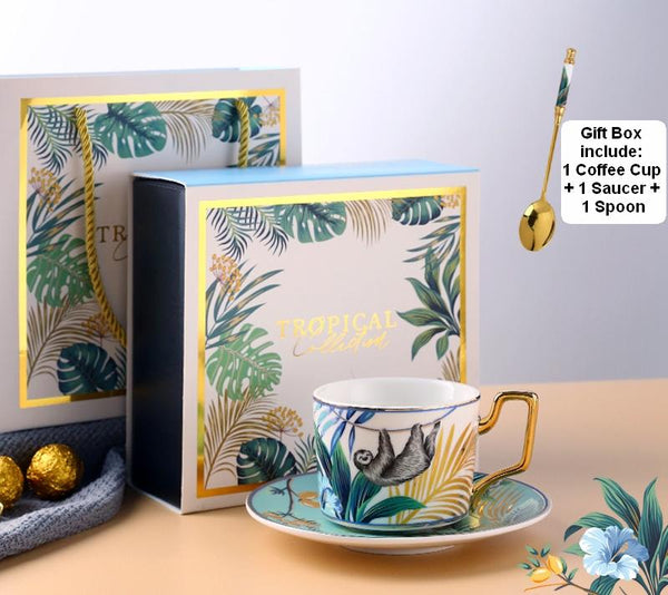 Elegant Tea Cups and Saucers, Jungle Toucan Pattern Porcelain Coffee Cups, Coffee Cups with Gold Trim and Gift Box-LargePaintingArt.com
