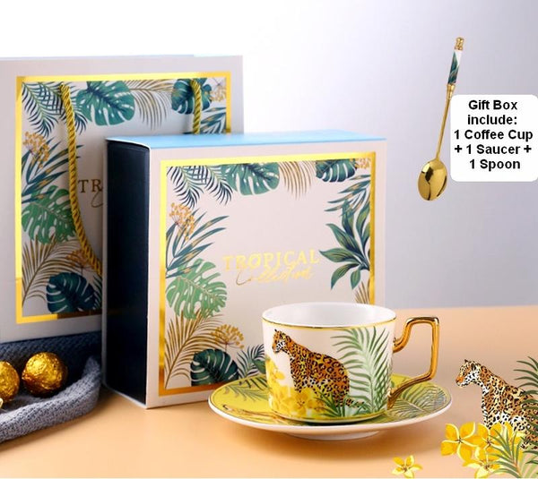 Elegant Porcelain Coffee Cups, Coffee Cups with Gold Trim and Gift Box, Tea Cups and Saucers, Jungle Animal Porcelain Coffee Cups-LargePaintingArt.com