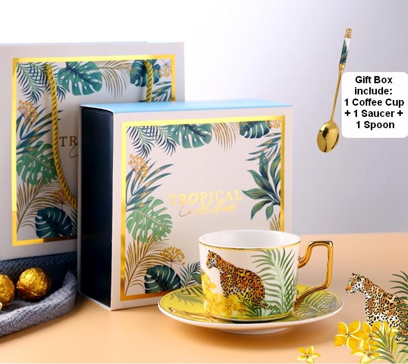 Coffee Cups with Gold Trim and Gift Box, Jungle Leopard Pattern Porcelain Coffee Cups, Tea Cups and Saucers-LargePaintingArt.com