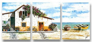 Cottage At Seashore, Landscape Painting, Landscape Art, 3 Panel Painting, Art Painting-LargePaintingArt.com