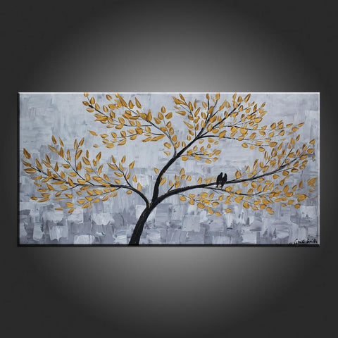 Abstract Art, Love Birds Painting, Flower Art, Abstract Art Painting, Living Room Wall Art-LargePaintingArt.com