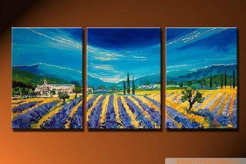 Lavender Field, Landscape Painting, Living Room Wall Art, 3 Panel Painting, Art Painting, Wall Hanging-LargePaintingArt.com