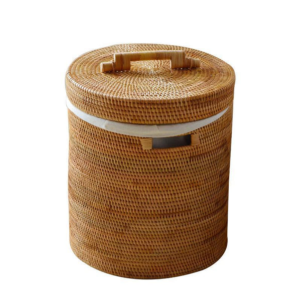Large Laundry Storage Basket with Lid, Large Rattan Storage Basket for Bathroom, Woven Round Storage Basket for Clothes-LargePaintingArt.com