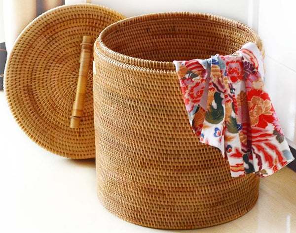 Large Laundry Storage Basket with Lid, Large Rattan Storage Basket for Bathroom, Woven Round Storage Basket for Clothes-LargePaintingArt.com