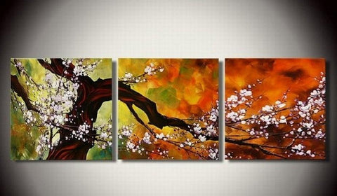 Abstract Art, Plum Tree in Full Bloom, Large Oil Painting, Living Room Wall Art, Modern Art, 3 Piece Wall Art-LargePaintingArt.com