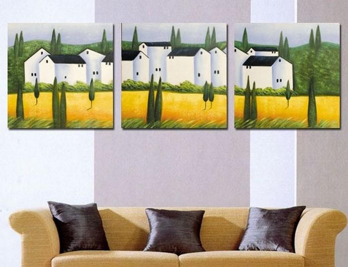 Landscape Painting, Cottage House, Canvas Painting, Wall Art, Large Oil Painting, Living Room Wall Art, Modern Art, 3 Piece Wall Art, Huge Painting-LargePaintingArt.com