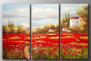 Italian Red Poppy Field, Canvas Painting, Landscape Art, Landscape Painting, Large Painting, Living Room Wall Art, Oil on Canvas, 3 Piece Oil Painting, Large Wall Art-LargePaintingArt.com
