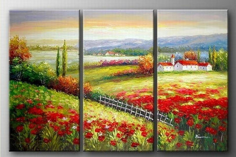 Landscape Art, Italian Red Poppy Field, Canvas Painting, Landscape Painting, Oil on Canvas, 3 Piece Oil Painting, Large Wall Art-LargePaintingArt.com