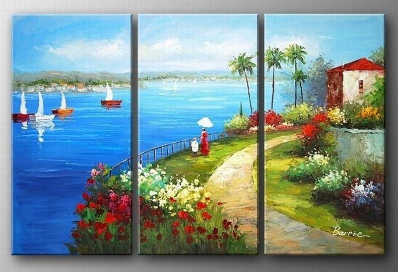 Landscape Art, Italian Mediterranean Sea, Sail Boat Art, Canvas Painting, Landscape Painting, Living Room Wall Art, Oil on Canvas, 3 Piece Oil Painting-LargePaintingArt.com