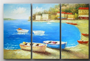 Italian Mediterranean Sea, Landscape Art, Boat Art, Canvas Painting, Living Room Wall Art, Oil on Canvas, 3 Piece Oil Painting, Large Wall Art-LargePaintingArt.com