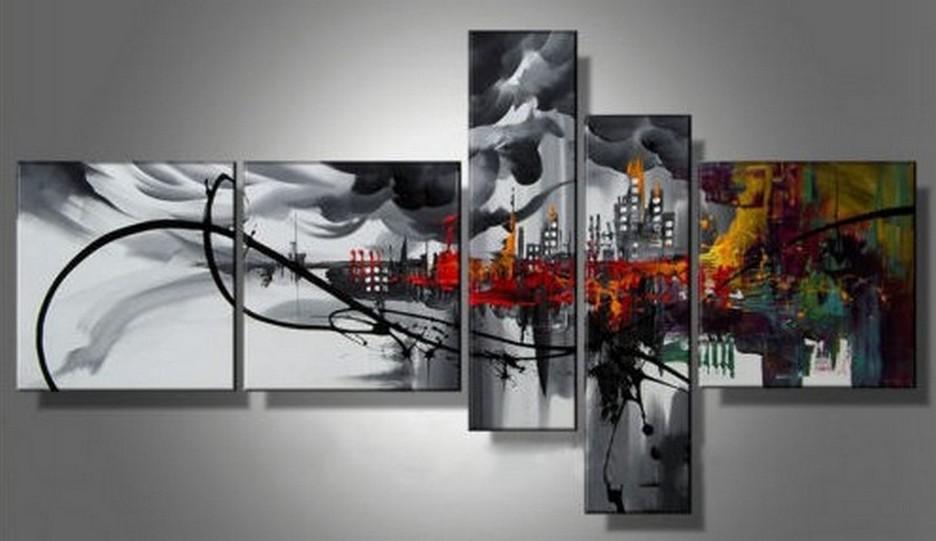 Cityscape Art, Black Wall Art, Huge Wall Art, Acrylic Art, 5 Piece Wall Painting, Hand Painted Art, Group Painting-LargePaintingArt.com