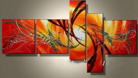 Canvas Painting, Abstract Lines, Red Color Art, Acrylic Art, 5 Piece Wall Painting, Canvas Painting-LargePaintingArt.com