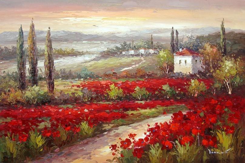 Flower Field, Canvas Oil Painting, Landscape Painting, Living Room Wall Art, Cypress Tree, Red Poppy Field-LargePaintingArt.com
